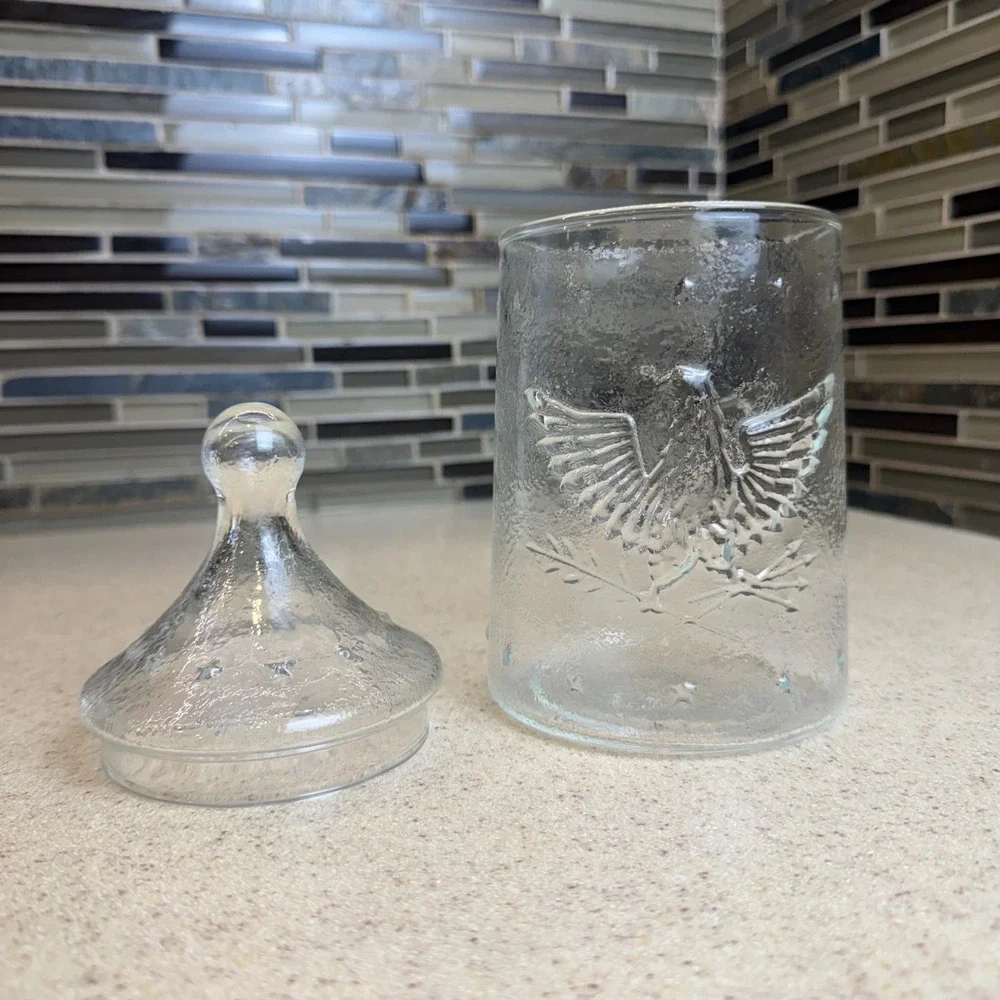 Vintage Clear Glass Apothecary Jar Embossed Eagle Star Lid Textured Patriotic